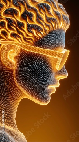 the image features a profile of a person's head and neck, constructed from a wireframe of intersecting lines and dots