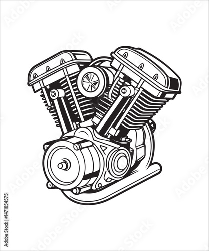  Detailed Line Art Illustration of a Motorcycle Engine 