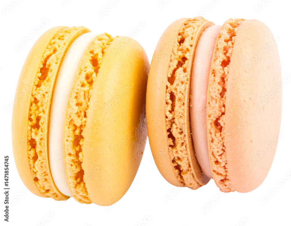 Delicious colorful macaroons isolated on transparent background sweet French dessert