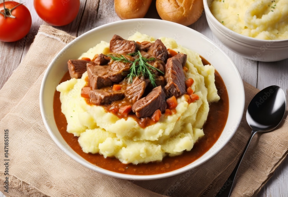 There is a bowl of mashed potatoes and a spoon for beef There is a bowl of mashed potatoes and a spoon for beef