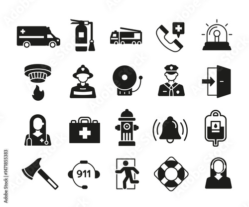 Emergency and safety icons. Set of 20 emergency and safety trendy minimal icons. Ambulance, Fire Extinguisher, Exit Sign, First Aid icon. Design signs for web page, mobile app. Vector illustration.