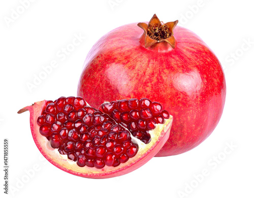 Obraz na płótnie Fresh Red Pomegranate with Slice Isolated on Transparent Background Healthy Fruit Image w salonie