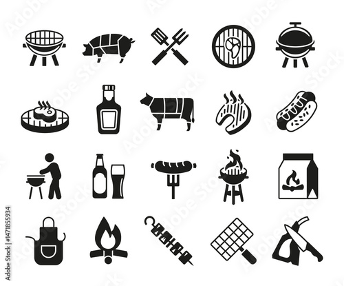 Barbecue icons. Set of 20 barbecue trendy minimal icons. Example: Grill, Sausage, Hotdog, Skewer, Apron icon. Design signs for web page, mobile app, packaging design. Vector illustration.