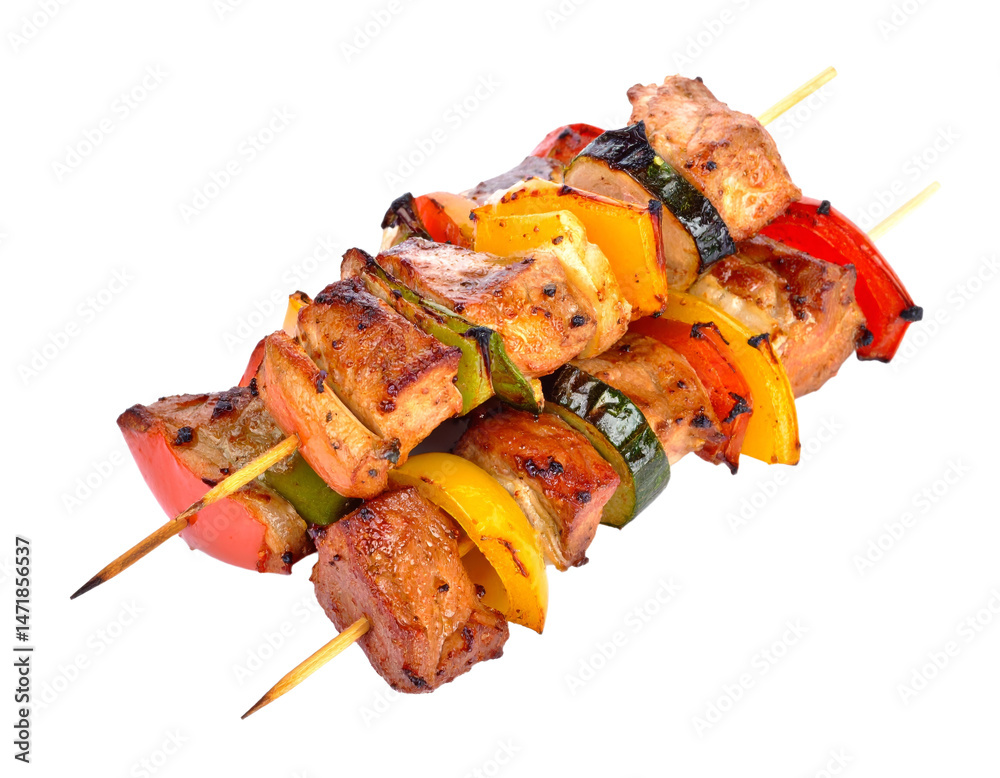 Grilled Meat and Vegetable Kebabs Skewers BBQ Isolated on Transparent Background PNG