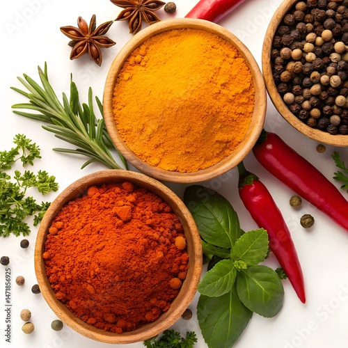 Spices and herbs on white background