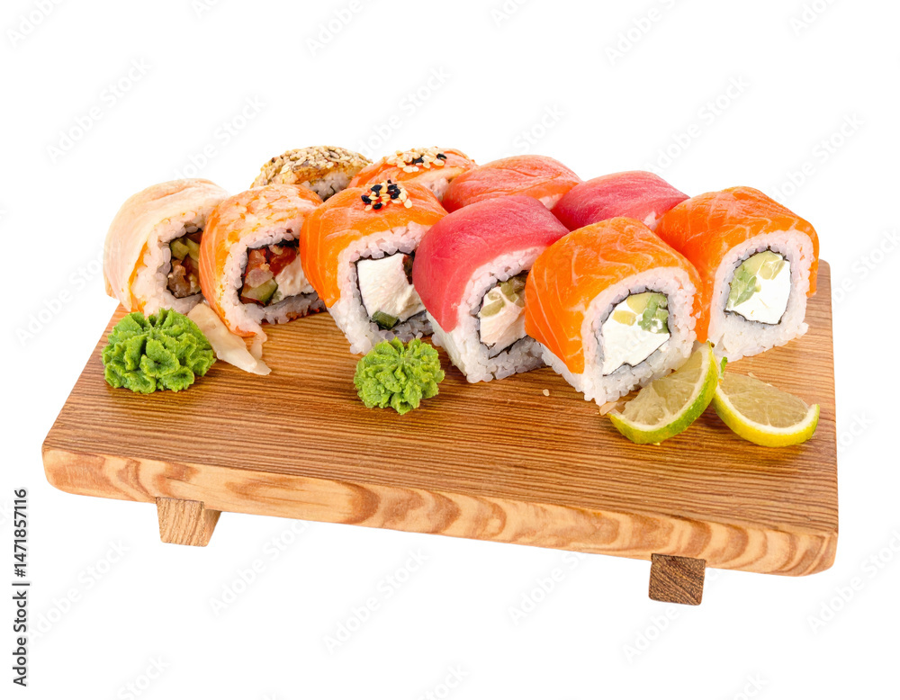 Assorted Sushi Rolls with Salmon Tuna and Cream Cheese Isolated on Transparent Background