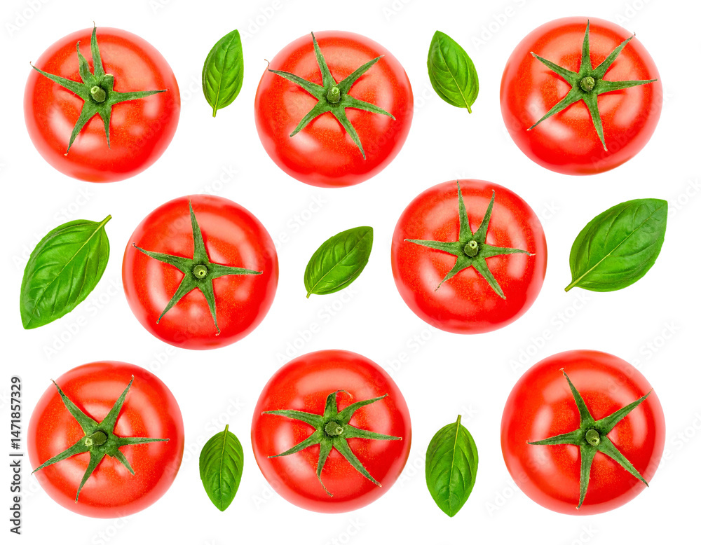 Fresh Tomatoes and Basil Leaves Pattern Isolated for Culinary and Food Design