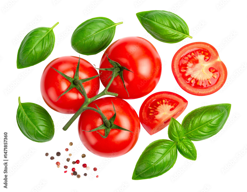 Fresh Tomatoes and Basil Leaves Isolated for Mediterranean Cuisine Concepts