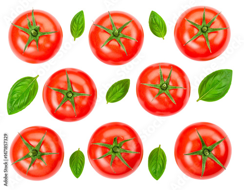 Obraz na płótnie Fresh Tomatoes and Basil Leaves Pattern Isolated for Culinary and Food Design w salonie