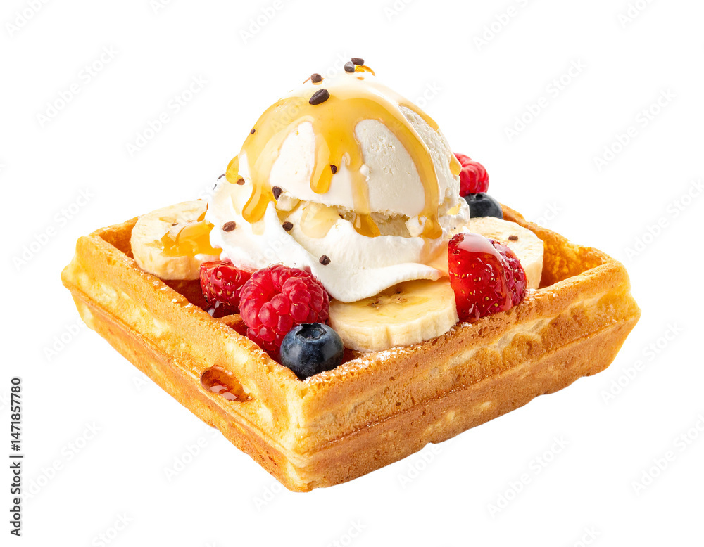 Delicious Waffle with Ice Cream Fruit and Syrup Isolated Sweet Dessert PNG