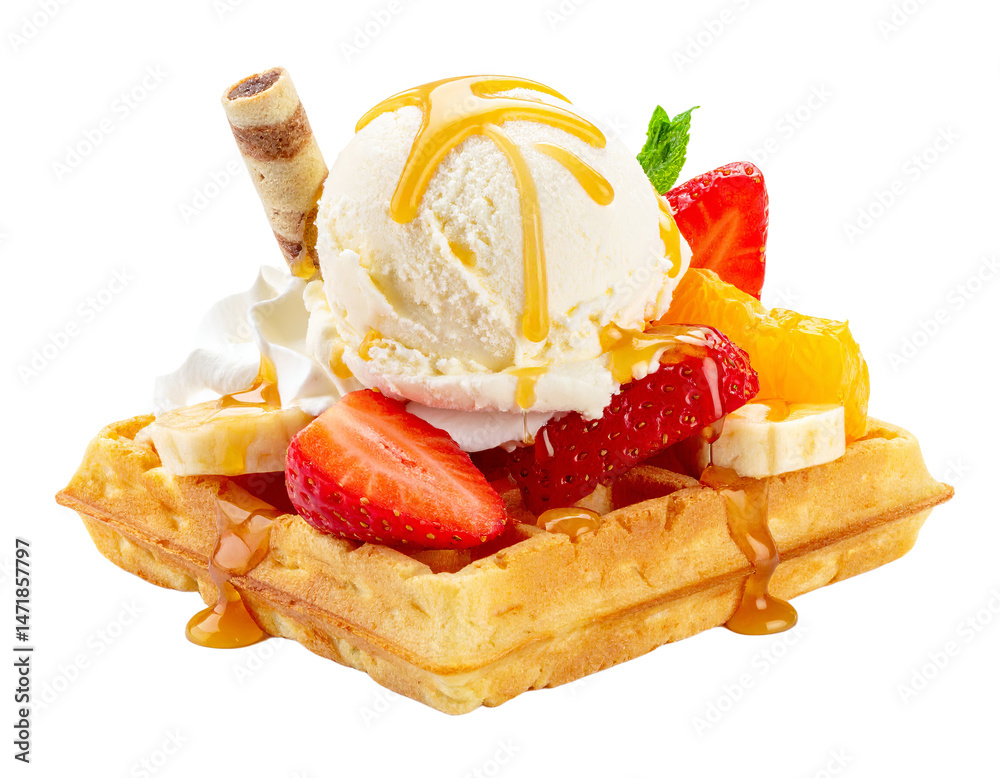 Delicious waffle with ice cream strawberries bananas and caramel sauce isolated