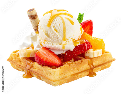 Obraz na płótnie Delicious waffle with ice cream strawberries bananas and caramel sauce isolated w salonie