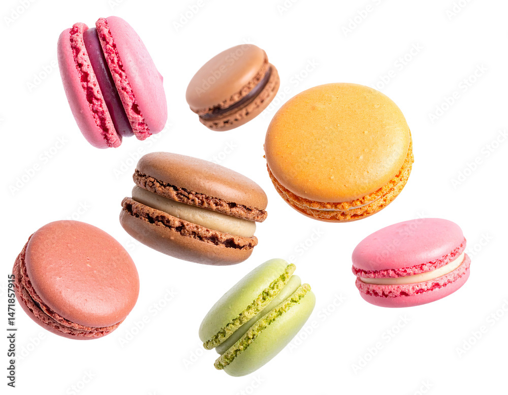 Colorful macarons assortment isolated on transparent background delicious French pastry