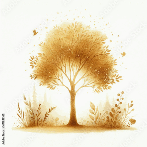 Gilded Arboreal Flow golden tree isolated watercolor vector illustration svg