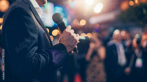 Serious journalist holding microphone interviewing politician in formal setting, news reporter covering political event, media and journalism concept.