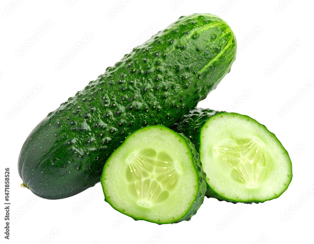 Fresh Green Cucumber with Slices Isolated Vegetable Healthy Food Concept PNG