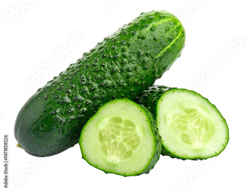 Obraz na płótnie Fresh Green Cucumber with Slices Isolated Vegetable Healthy Food Concept PNG w salonie