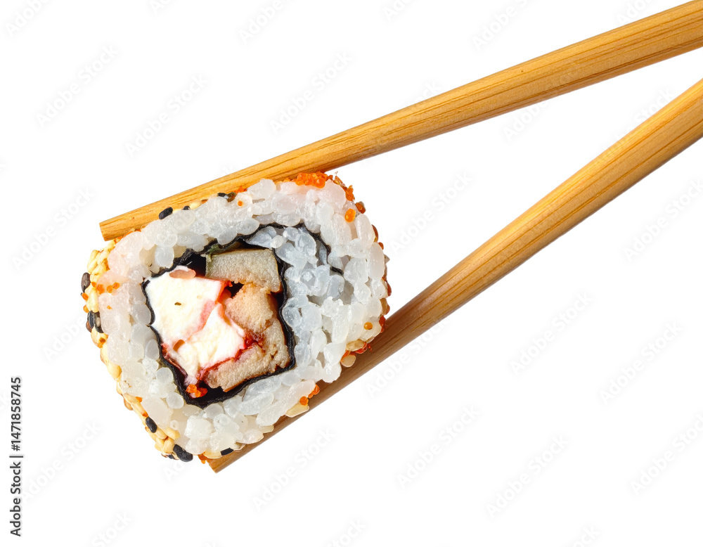 Sushi roll with chopsticks isolated on white background Japanese cuisine fresh seafood dish