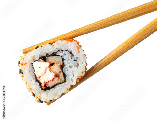 Obraz na płótnie Sushi roll with chopsticks isolated on white background Japanese cuisine fresh seafood dish w salonie