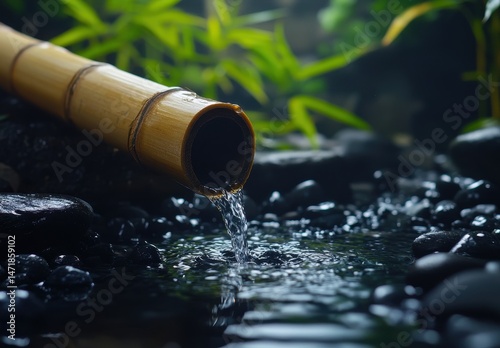 Bamboo pipe channeling water over dark stones