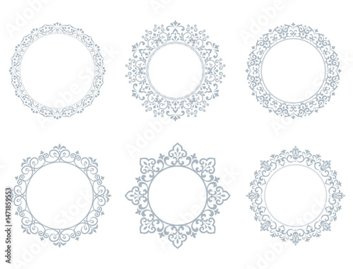 Set of decorative frames Elegant vector element for design in Eastern style, place for text. Floral gray and white borders. Lace illustration for invitations and greeting cards