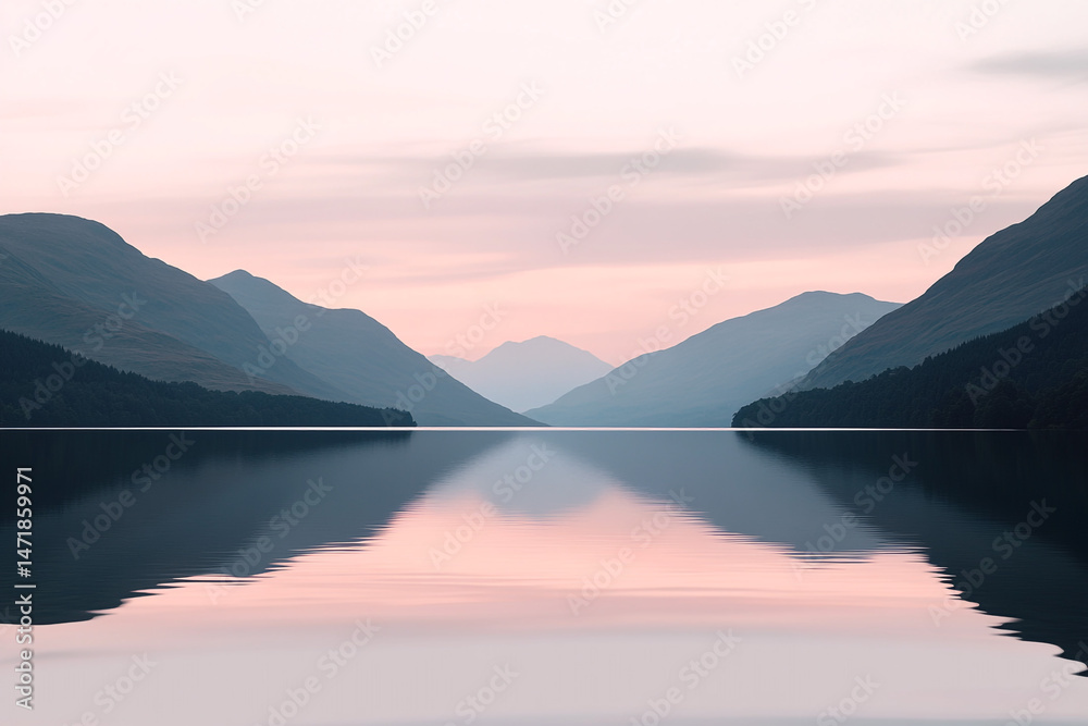 Obraz premium Serene Sunset Pink Sky Mountain Lake Reflection