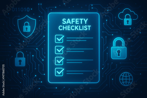 A digital safety checklist highlighted in neon blue. It features various security symbols like padlocks and shields, representing cybersecurity and safety protocols.