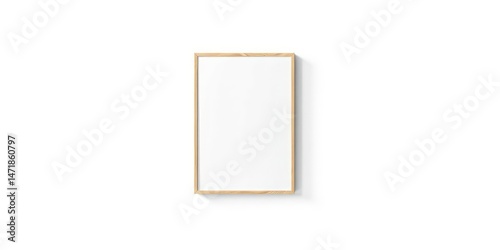 Blank vertical rectangular frame with light wood border on white background
