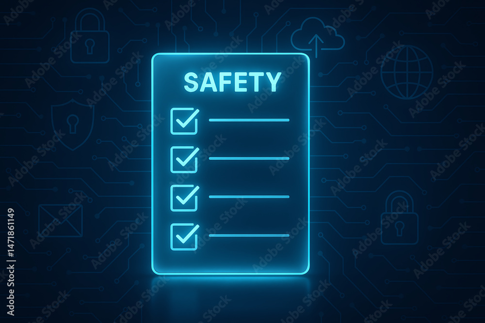 A glowing neon safety checklist with checkmarks on a dark background, representing security and compliance in technology