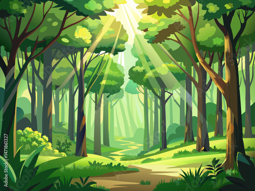 vector of A scenic forest of fresh green deciduous trees framed by leaves, with the sun shining its warm rays through the foliage.