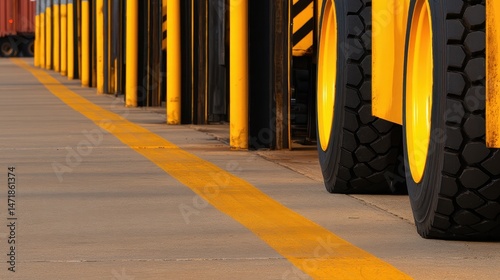 Yellow striped poles and large tires on a concrete surface in an industrial setting