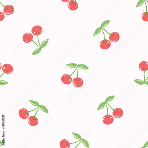 Cherry Seamless Pattern, Kawaii Fruit Cute Red Cherries on White, Pastel Coquette Digital Paper Background