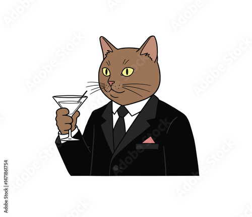 Suave Cat in a Tuxedo Holding a Martini – 'SHAKEN, NOT PURED