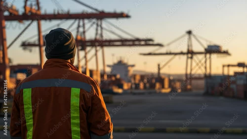 A Male Dock Worker Observing Shipping Containers at a Busy Port During Sunset, Highlighting Maritime Industry and Urban Logistics