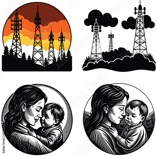 Communication Towers Sunset Landscape and Mother Child Embrace Illustrations