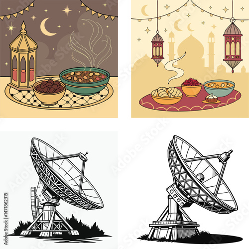 Ramadan Festive Food and Satellite Dish Illustrations