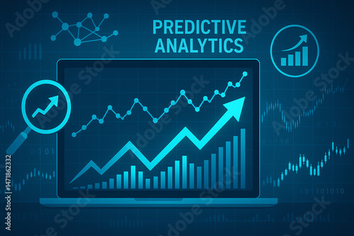 A modern laptop displaying predictive analytics on a vibrant blue background, featuring data graphs and charts representing growth and statistical analysis for business insights.