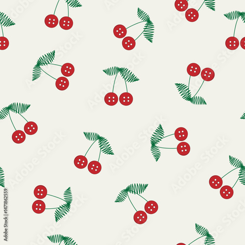 Vector seamless pattern with cute cherries in the form of buttons. For printing, packaging, textiles, wallpaper, children's design