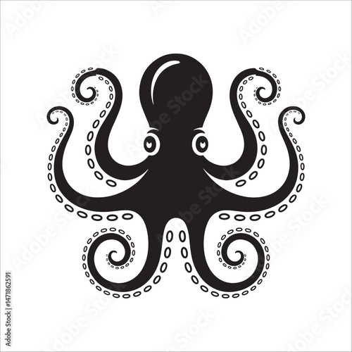 Octopus silhouette vector illustration isolated on white background with curled tentacles design.