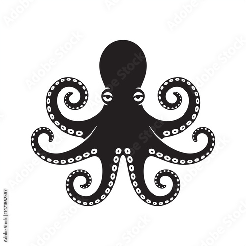Octopus silhouette vector illustration isolated on white background with curled tentacles design.