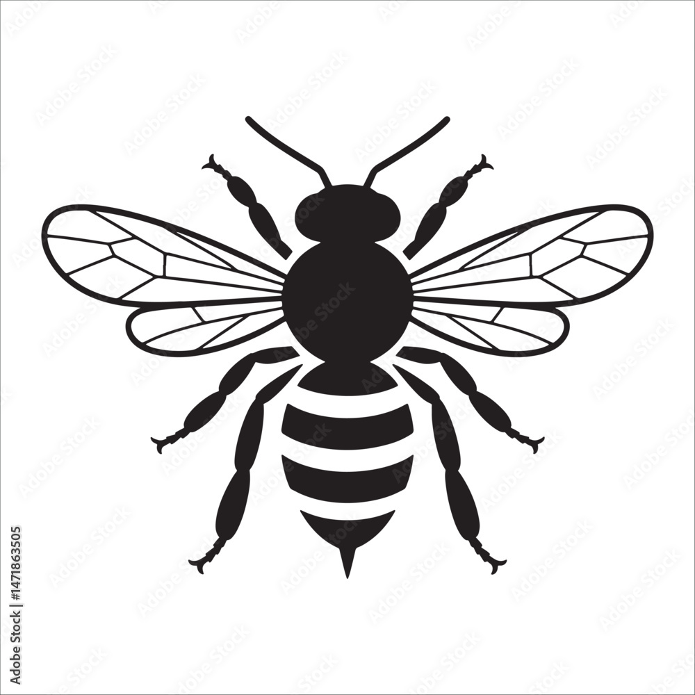 Fototapeta premium Bee insect silhouette vector illustration with wings isolated on white background.