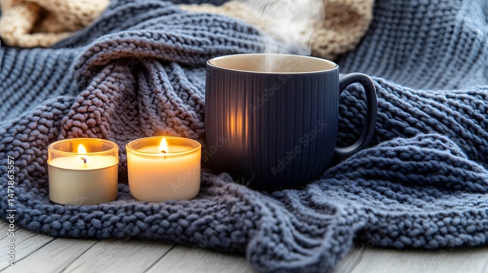 Cozy Winter Scene, Hot Drink Mug Candles Knit Blanket Cozy Winter Scene, Hot Drink Mug Candles Knit Blanket