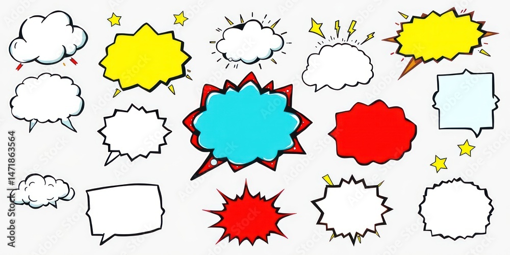 Fototapeta premium Collection of Colorful Comic Book Speech Bubbles and Starburst Shapes for Design Projects
