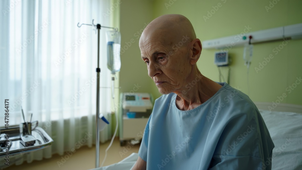 Obraz premium Emotional Photorealistic Portrait of a Chemotherapy Patient in a Quiet Hospital Room