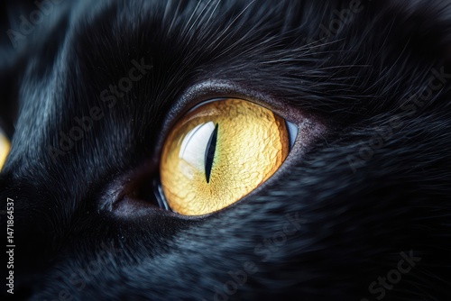 Close up yellow cat eyes of black cat copy space
