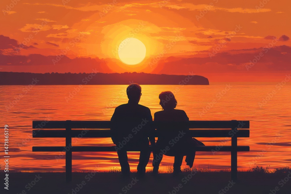 Obraz premium Elderly couple watching ocean sunset from bench