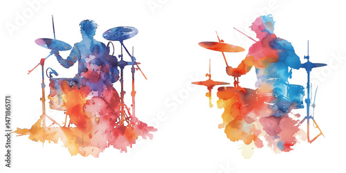 abstract color silhouette of drummer watercolor vector illustration
