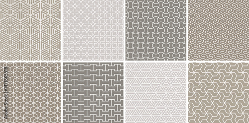 Collection of beige seamless ornamental vector patterns. Oriental symmetry neutral backgrounds. Geometric tile mosaic design. Grid textures - decorative outline prints