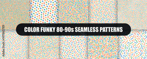 Collection of bright seamless colorful trendy patterns. Creative unusual vibrant prints. Repeatable funky backgrounds. Fashion style 80-90s