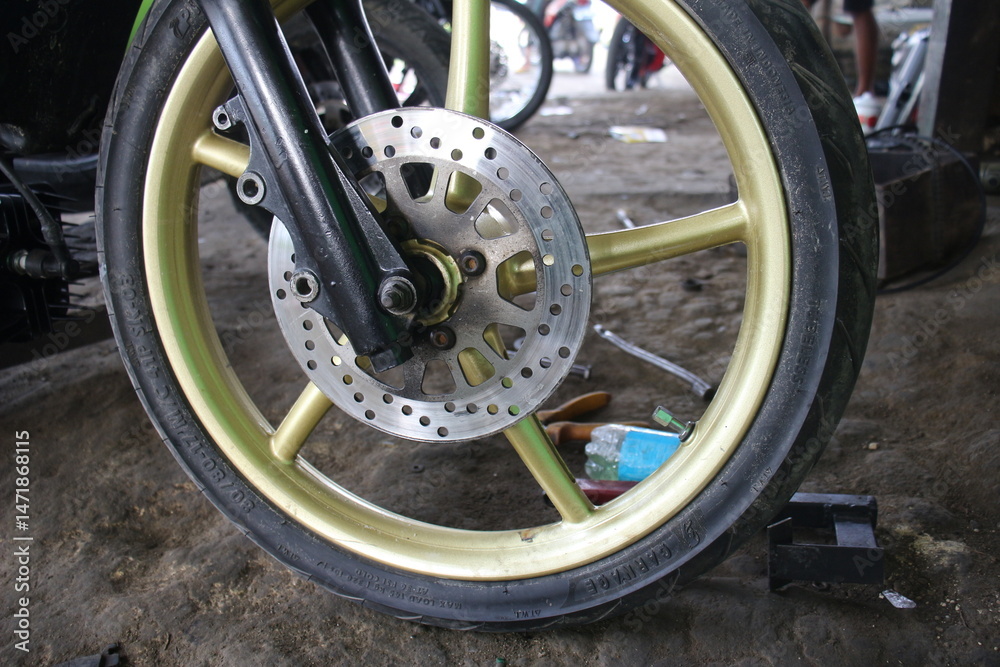 Fototapeta premium Newly Replaced Motorcycle Tires and Rims